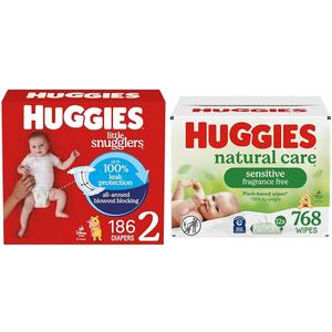 Little Snugglers Bundle: Huggies Little Snugglers Baby Diapers, Size 2 (12-18 lbs), 186 Count & Huggies Natural Care Sensitive Baby Wipes, 768 Count (12 Packs of 64)