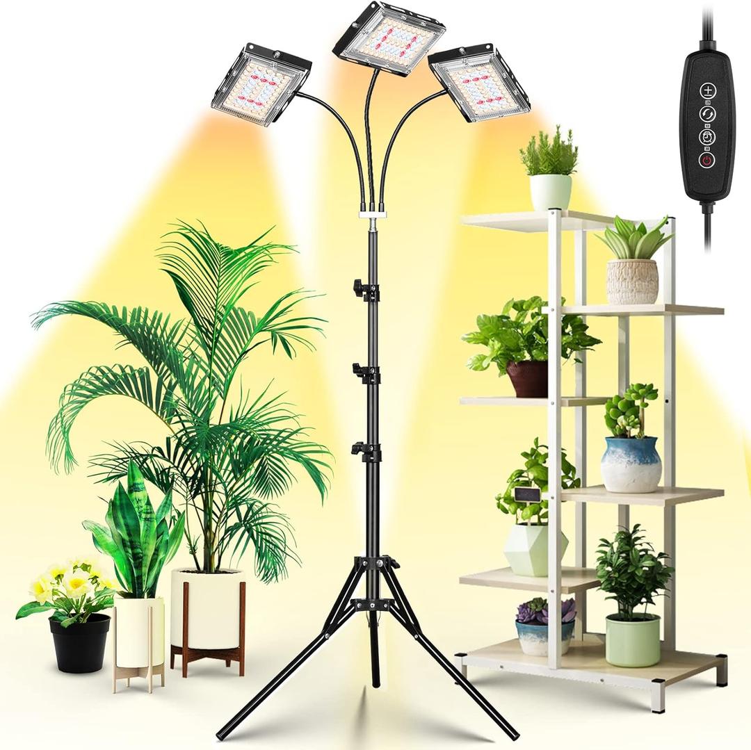 LBW Grow Light with Stand, Tri-Head LED Plant Light for Indoor Plants, Full Spectrum 150 LEDs, 3/6/12H Timer, 6 Dimmable Levels, 3 Switch Modes, Adjustable Tripod Stand 15-63 inches (Tri Heads, Black)