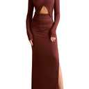 KUTUMAI Long Sleeve Cutout Slit Formal Wedding Guest Dresses for Women 2025 Fall Elegant Bodycon Ruched Maxi Dress Brown XL (XL)