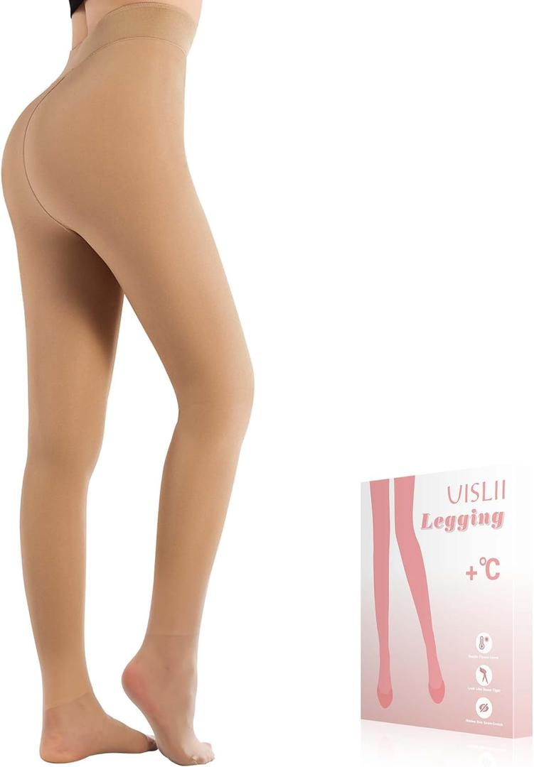 UISLII Fleece Lined Tights Women, Warm Pantyhose leggings Women,Fake Translucent Thermal Skin Colored Tights for Winter (Beige, Size L)