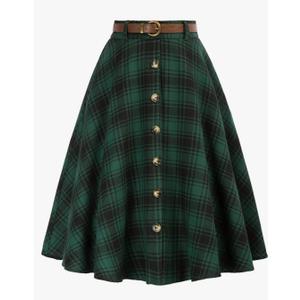 Belle Poque Women's Plaid A-line Skirt Vintage Pleated Flared Midi Skirts Fall Winter Skirt  Size S