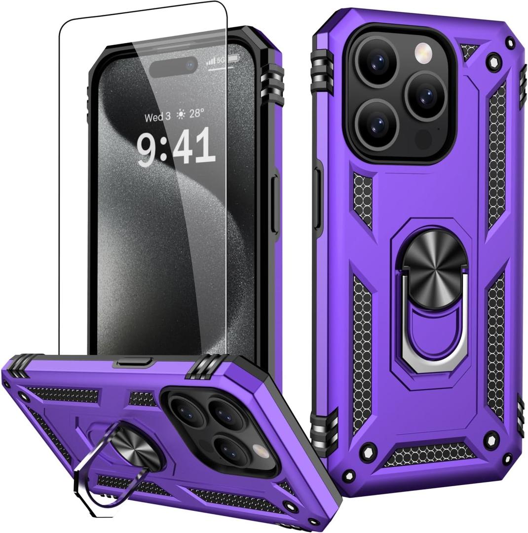 5 x IKAZZ for iPhone 15 Pro Case 6.1 Inch with Screen Protector,Military Grade Shockproof Heavy Duty Protective Phone Cover Pass 16ft Drop Test with Magnetic Kickstand Car Holder,Purple
