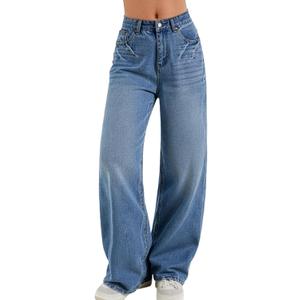 Women Baggy Jeans High Waisted Loose Fit Vintage Oversized Wide Leg Long Denim Pants Trousers (Blue)
