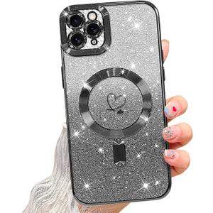 NITITOP Compatible with iPhone 11 Pro Max Case Cute Clear Glitter [Compatible for MagSafe] Plating Heart Sparkle Bling Magnetic Girl Women Electroplated Frame Camera Protection Back Cover - Black