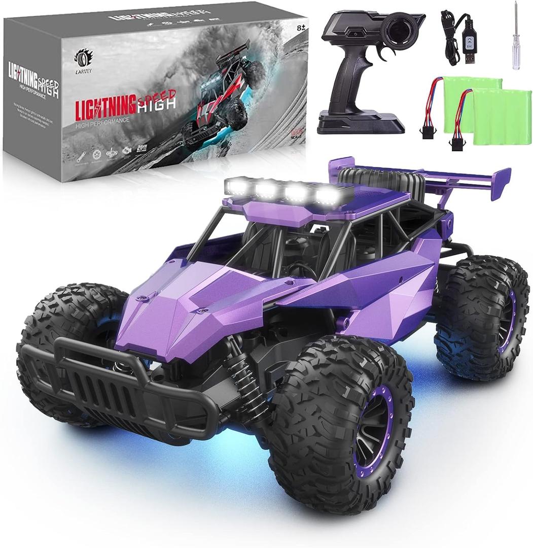 1:16 Scale Purple Remote Control Car, 20 Km/h High Speed Girls Remote Control Car Monster Vehicle with LED Headlights and Chassis Lights, RC Truck for Girls Boys and Adults
