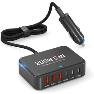 Dzytnsy 200W Car Fast Charging Station,6 Ports, Compatible with MacBook pro/Air/M5 M4 M3 M2 M1/Dell/Lenovo/HP,for iPhone 17/16/15 Series,Samsung Galaxy S26/S25 Ultra/S24 Series and More