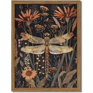 Framed Vintage 3D Textured Wall Art Dark Green Dragonfly Flowers Wall Decor Hand Drawn Sandstone Nature Botanical Paintings Pictures for Living Room Bedroom 16x24 inch