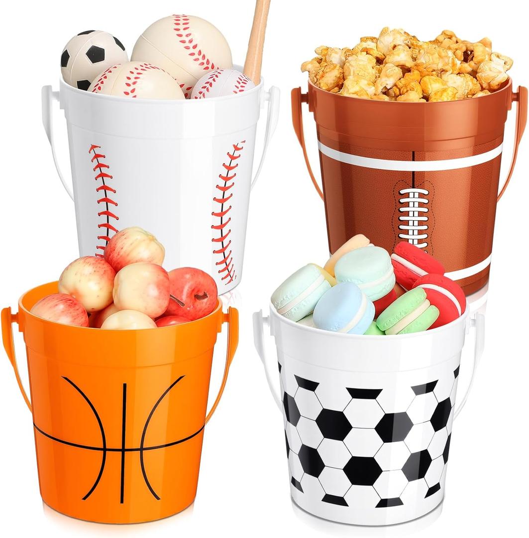 Qinyoung Sports Plastic Buckets Bulk with Handles 34 oz Treat Ice Bucket Bulk Reusable Cups for Soccer Baseball Basketball Football Sports Birthday Party Supplies(12 Pcs)