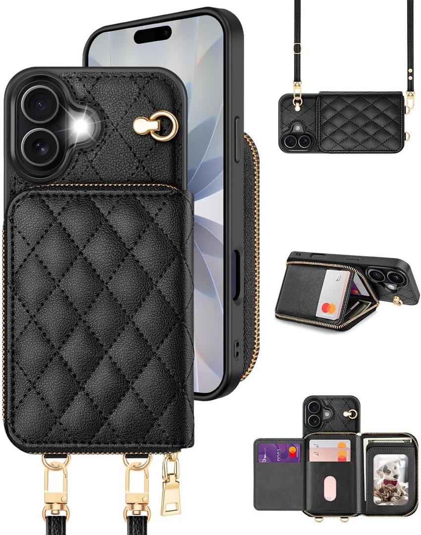 OCASE Compatible with iPhone 17 Crossbody Wallet Case with Card Holder, PU Leather Zipper Handbag Phone Purse with RFID Blocking Kickstand Wrist Strap Lanyard 6.3 Inch, Diamond Check Black