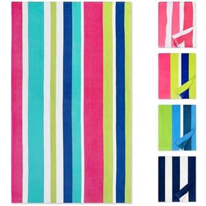 cabanana Large Beach Towel Oversized - Cotton Velour 35 x 70 Inch Rainbow Striped Terry Pool Towel, Cabana Soft Swimming Towel for Adults Women Men (Rainbow Pink)