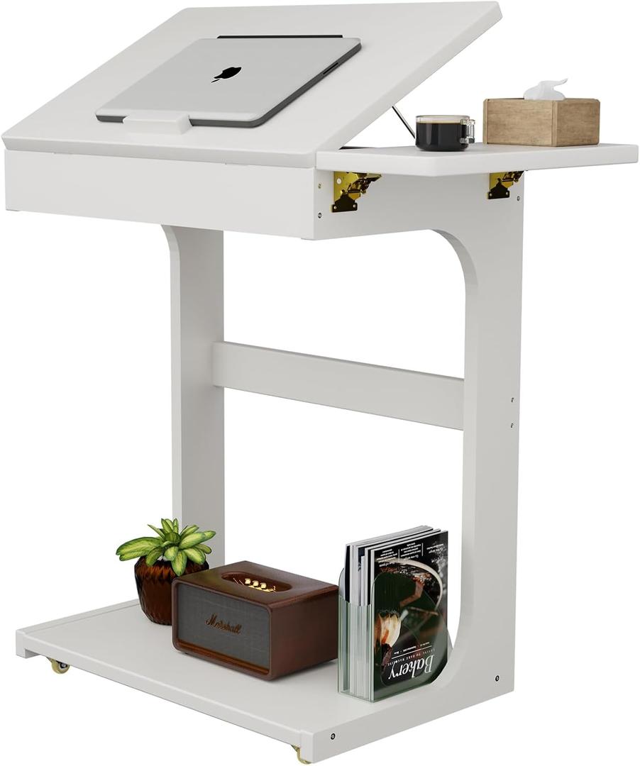 C-Shaped End Table, Solid Wood Rolling Side Table with Lockable Wheels, Couch Tables with Adjustable Desktop &Multi-functional Folding Tray, Small Side Table for Couch, Living Room, Bedroom Tall 30", 23.6" D X15.6" W X30" H