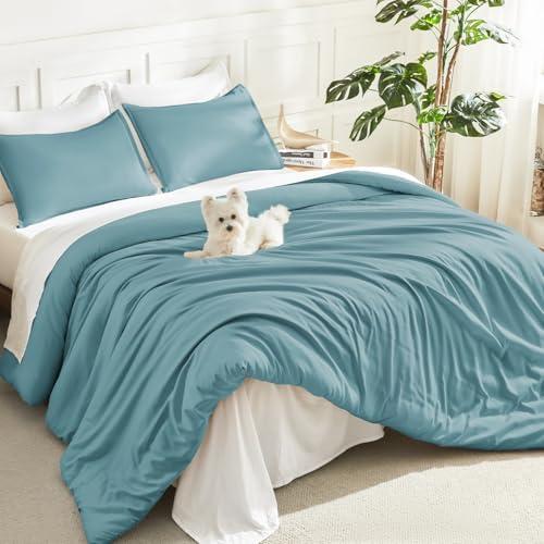 Litanika Comforters Grayish Teal Oversized King Size, 3 Pieces Lightweight Solid Bedding Comforter Set, All Season Fluffy Bed Set (120x98In Comforter & 2 Pillowcases)