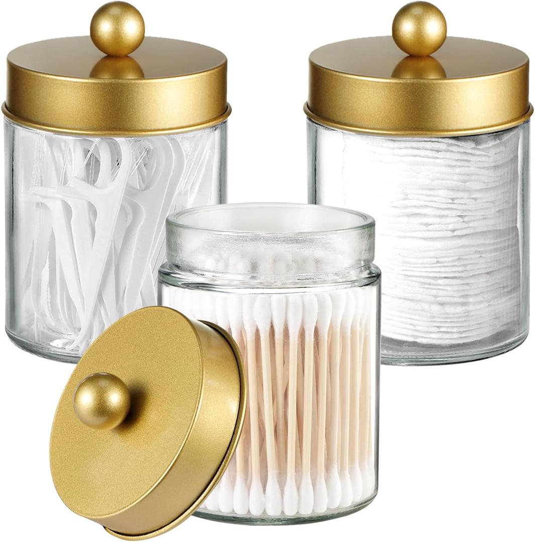 3PC Farmhouse Decor Qtip Holder Apothecary Jars Bathroom Vanity Storage Organizer -Countertop Canister Container &Cute Stickers for Cotton Swab,Ball,Pad,Floss,Paper Clips (Gold)