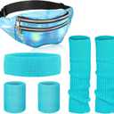 SATINIOR 80s Women Workout Outfit Neon Leg Warmer Headband Wristbands Fanny Pack Set 80s Accessories for Yoga Running (Blue, Light Blue)
