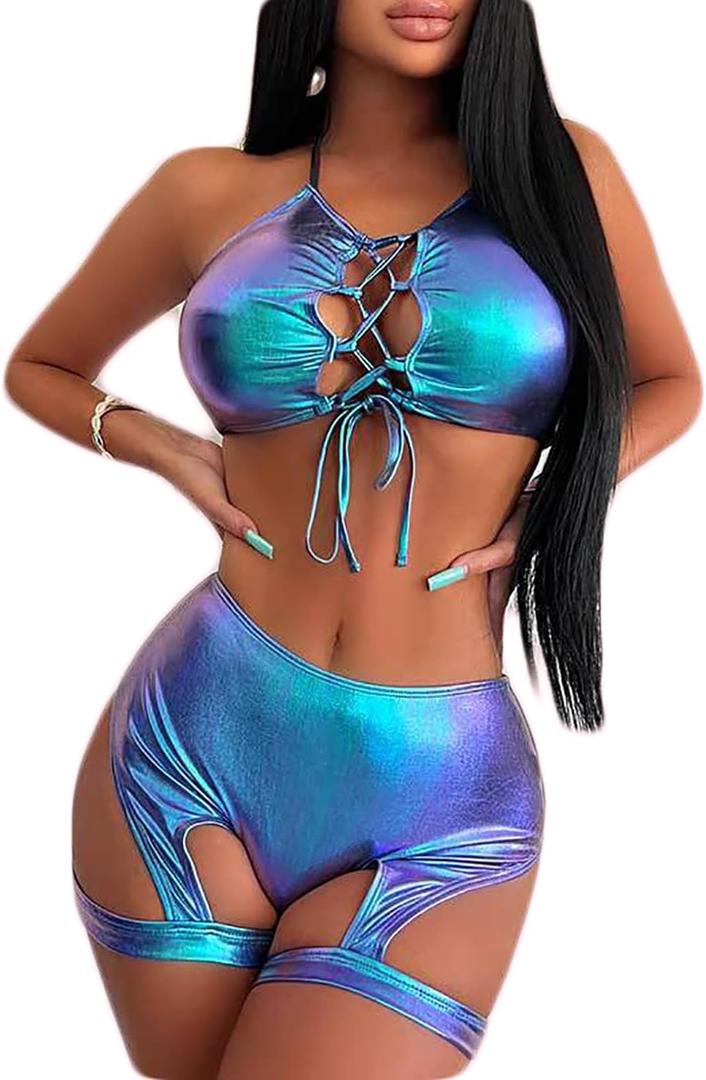 Women's 2 Piece Swimsuit Metallic Rave Outfits Halter Sexy Tops Shorts Garter Lingerie Set Beach Shiny Bikini Set, Large
