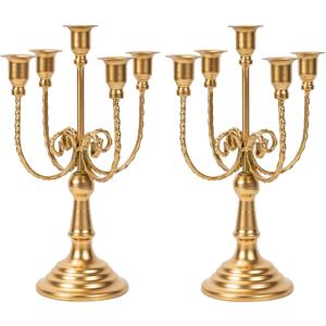 2Pcs Gold Candelabras Centerpieces for Tables, 11.8" Candlestick Holder for Taper Candles, 5 Arm Brass Candelabra Candle Holder for Wedding Centerpiece Decor Party Event Reception Decoration