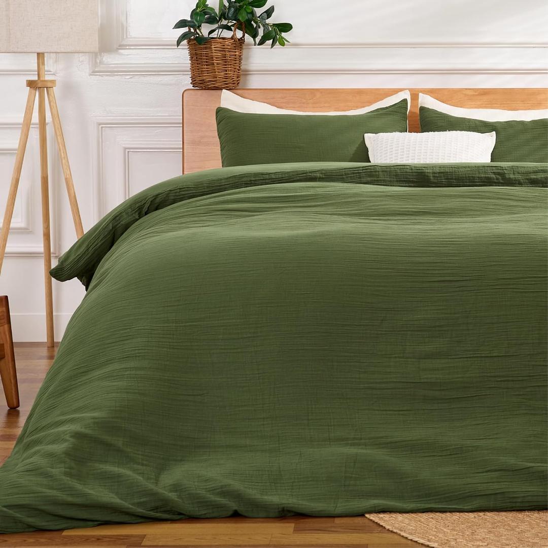 Green Duvet Cover Queen Size, 100% Sandwashed Cotton Soft Queen Duvet Cover Set 3 Pieces with Zipper Clousre & Corner Buttons (Green, Queen 90 x 90)