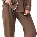 Ekouaer Women's Fleece Pajama Sets Long Sleeve Button Down Two-piece Sleepwear Soft Lounge Set (Small, Brown)