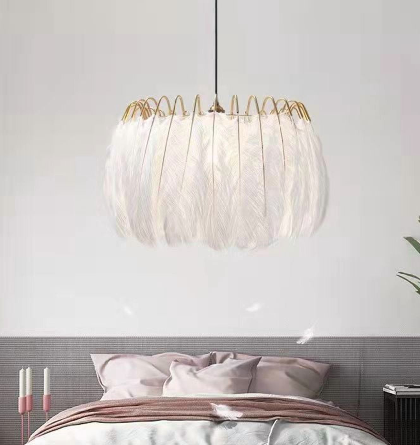 CEOTIS Modern Chandelier for Bedroom, 20" Artisan Luxe Romantic Feather Pendant Light for Dining Room, Kitchen, Living Room, Entryway, Soft Ambient Lighting