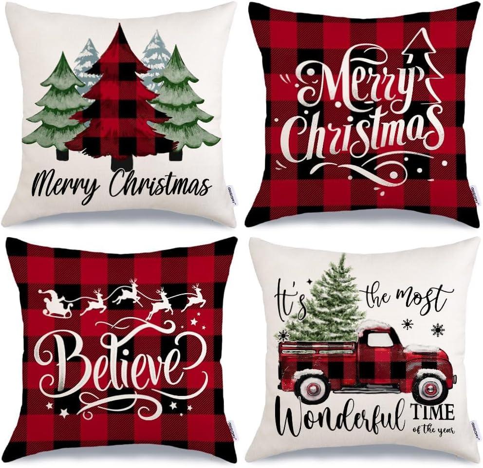 GEEORY Merry Christmas Throw Pillow Covers 16x16 Inch Set of 4, Xmas Trees Truck Buffalo Plaid Believe Farmhouse Decorative Cushion Cases for Home Decoration G421-16 (Multicolor)