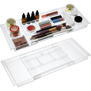 2pack Shallow Expandable Drawer Organizer, Adjustable 12.5”–20” Clear Plastic Drawer Organizer Tray for Vanity Bathroom Desk Kitchen Drawers, Multi Compartment Storage