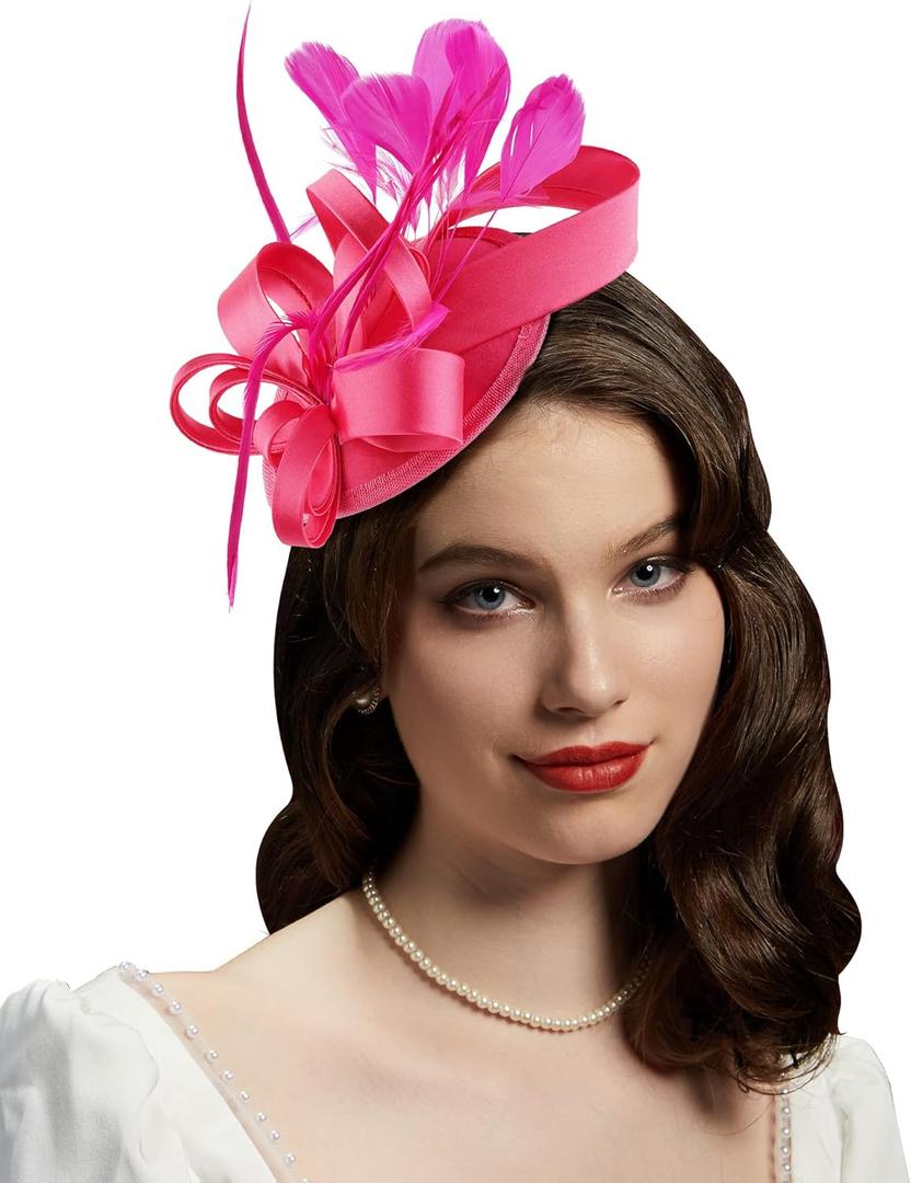 Cizoe Derby Fascinators for Women High Tea Party Hat Wedding Cocktail Flower Headware with Mesh and Feathers(Y-Rose)