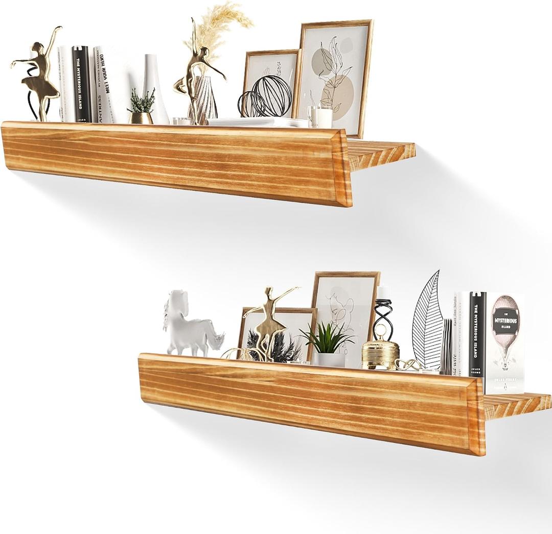 32 Inch Picture Ledge Shelf with Lip,Floating Shelves for Wall, Set of 2 Solid Pine Wood Shelves with Invisible Brackets, Wall Storage for Living Room, Bedroom, Kitchen, Bathroom(Carbonized Brown)