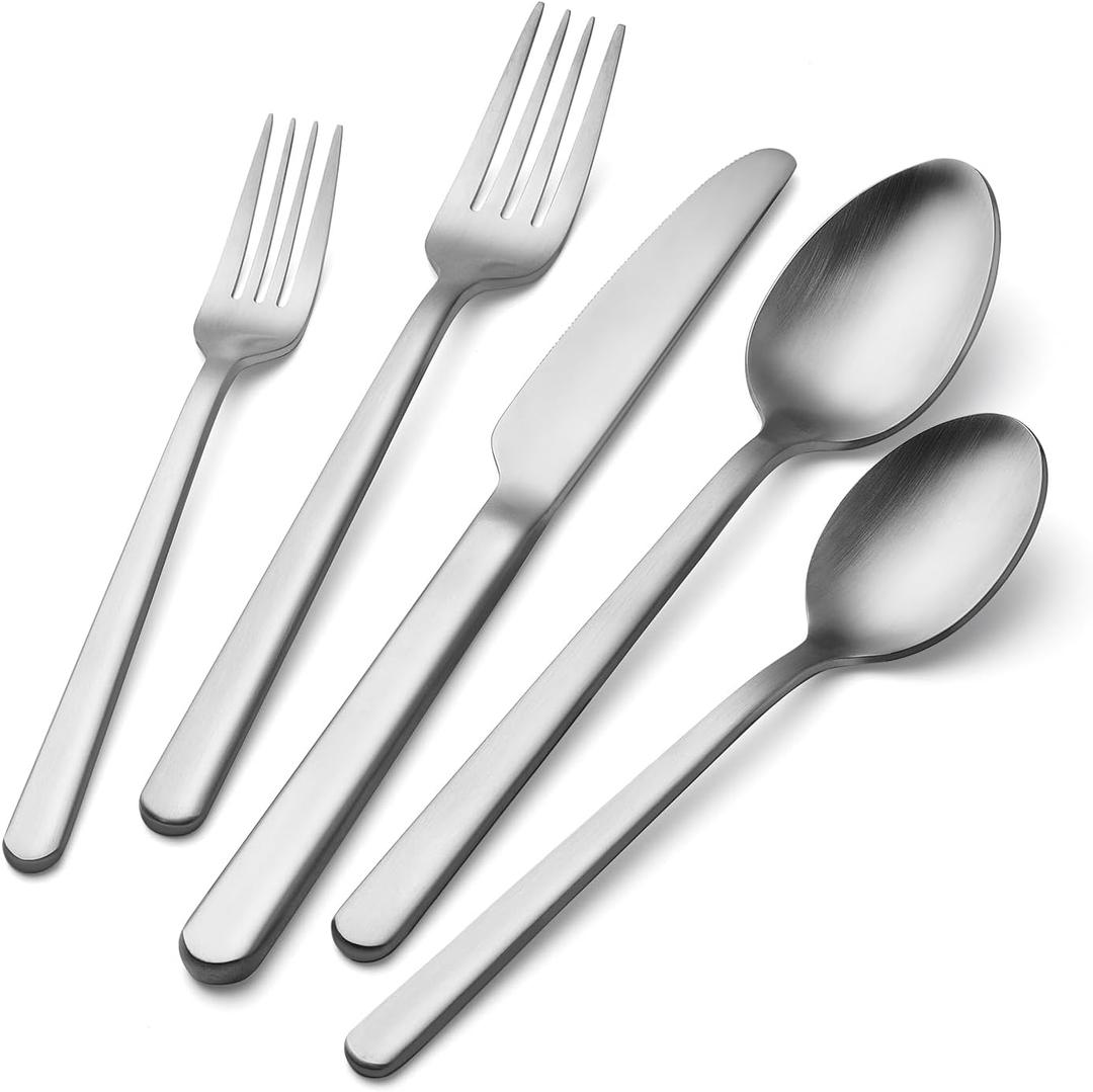 KINGSTONE Forged Silverware Set, 20 Piece Flatware Set for 4, 18/ 10 Silverware Matte Satin Finish for Home, Restaurant, Wedding, Party (Matte Silver)