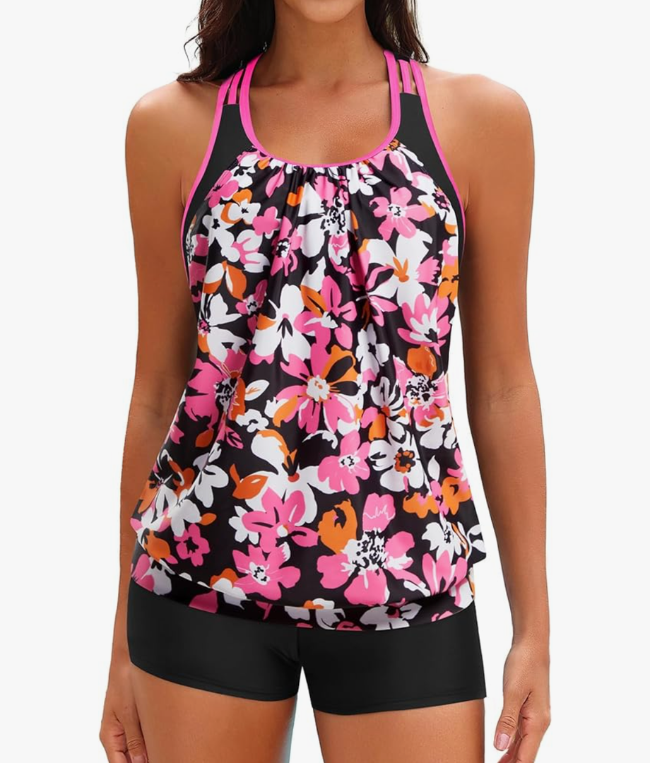 Yonique Two Piece Tankini Bathing Suits T-Back Blouson Swim Tops with Boy Shorts Women Swimsuits Sporty Swimwear L