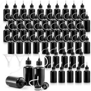 Foraineam 50 Pack Black Precision Tip Applicator Bottles with 2 Funnels, 1 oz / 30ml Needle Tip Glue Bottles, Small Metal Needle Plastic Squeeze Bottle for Acrylic Painting, Quilling and DIY Crafts