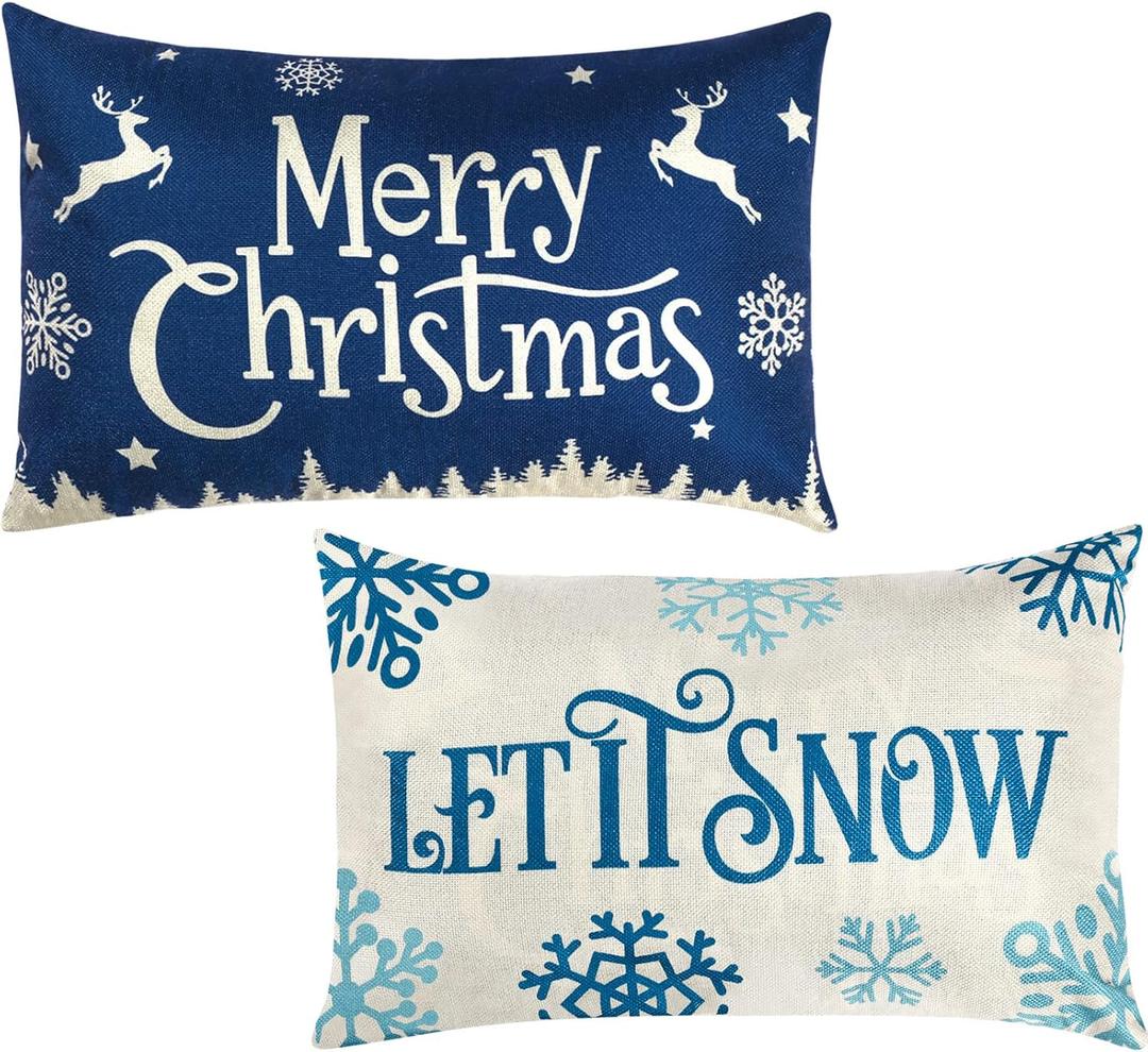 2 Pieces Christmas Pillow Covers 20 x 12 Inch Merry Christmas and Let It Snow Throw Pillow Covers Linen Pillow Cases Xmas Rectangular Cushion Cover Winter Pillowcase Decorative Couch Pillow Cases