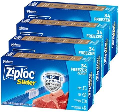 Ziploc Quart Food Storage Freezer Slider Bags, Power Shield Technology for More Durability, 34 count, 4 Pack, 136 Total (Packaging May Vary)