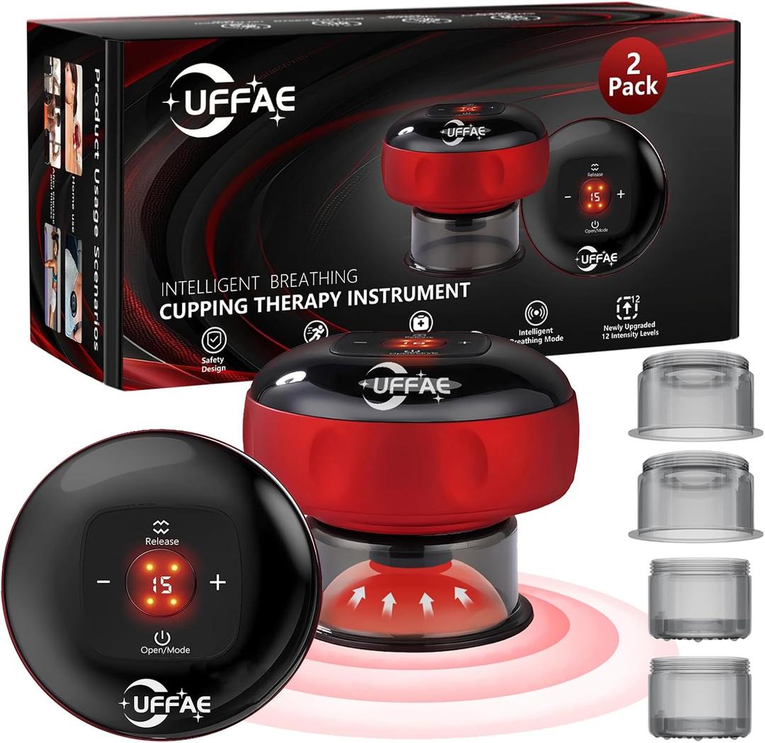 7-in-1 Electric Cupping Therapy Set, Smart Cupping Therapy Massager, 12 Levels of Suction Strength and Temperature Controlfor Targeted Pain Relief (Red-two Pack)