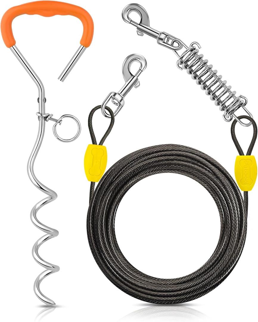 Petbobi Dog Tie-Out Cable and Stake - 30ft Heavy Duty Cable with Spring, No Tangle, 16in Ground Stake, Ideal for Yard, Camping and Beach, Suitable for Small Medium Large Dogs Up to 120 lbs, Black