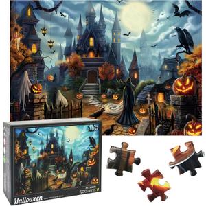 Halloween Witch Castle Puzzles 500 Pieces Halloween Jigsaw Puzzles for Adults,Challenging Puzzle Perfect for Game Nights,Horror Puzzles with Crows & Pumpkin Decoration