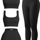 4 Piece Workout Sets For Women Ribbed Leggings Clothes Yoga Sets Active Wear Matching Work Out Sets Gym Pilates Outfits (Large, Black)
