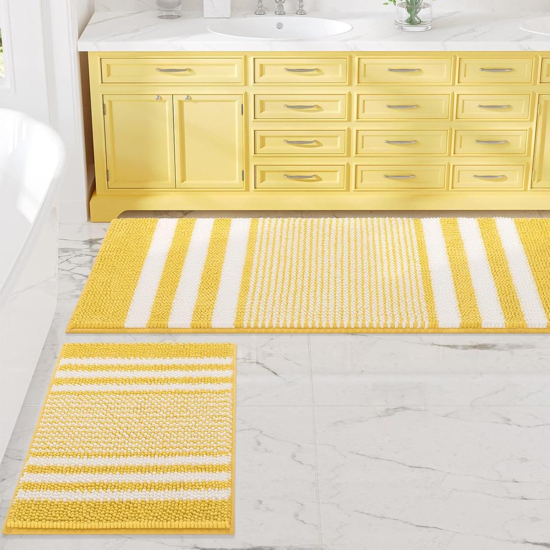 Bathroom Rugs Set 2 Piece, Extra Soft and Absorbent Fluffy Striped Chenille Bath Mat Rug Set, Non Slip Bathroom Floor Mat, Machine Washable (21" x 47" Plus 17" x 25", Yellow)