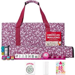 American Mahjong Tile Set, 166 Acrylic Mahjong Tiles, 4 All-in-One Color Rack/Pushers, Complete Mahjong Game Set with Red Printed Carrying Bag