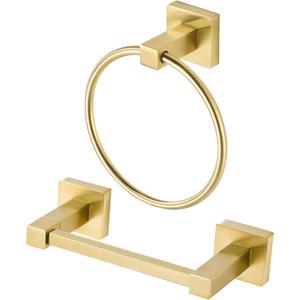 BigBig Home Gold Toilet Paper Holder Towel Ring, Brushed Gold Hand Towel Holder Bathroom Hardware Accessories Wall Mount Double Post Toilet Tissue Roll Holder Square 2 Pieces Set