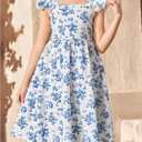 RoseSeek Girl's Floral Print Bowknot Backless A Line Dresses Ruffle Cap Sleeve Cute Knee Length Dress (Blue and White, 11Y)