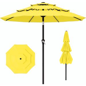 AreShark 9ft 3-Tier Patio Umbrellas, Outdoor Umbrella with 8 Sturdy Ribs UV Protection Windproof, Market Table Umbrella w/Push Button Tilt & Crank for Pool, Porch, Deck, Garden (Yellow)