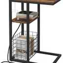 Vagusicc C Shaped End Table with Charging Station, Side Table for Couch, Small Side End Table for Small Spaces, 28" High Slide Under Sofa Table for Coffee, Tv Tray Table for Living Room, Rustic Brown