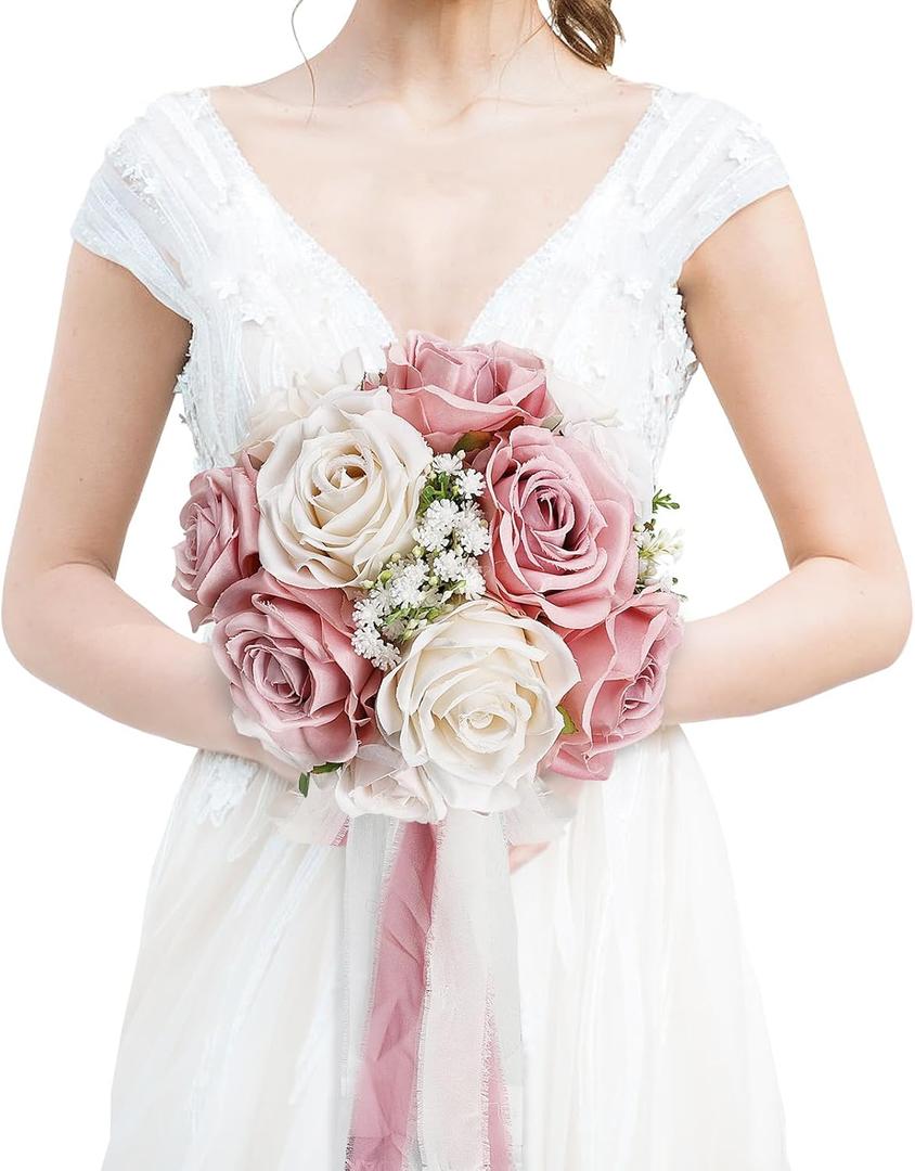 Wedding Bouquet for Bride - Premade Simple Artificial Roses Flowers for Bridal Shower Destination Ceremony Anniversary Decorations - Dusty Pink & White