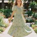 Sunny Spirit Girls Summer Dresses Tween Dress for Girl Maxi Spring Boho Floral Short Puff Sleeve Smocked Cotton 5-14 Years (Green)