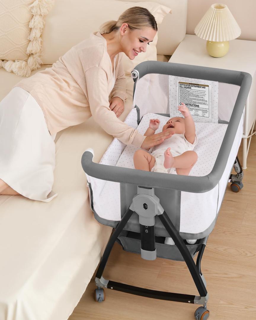 wayfong 3 in 1 Baby Bassinet Crib with Breathable Mesh, Bassinet Bedside Sleeper with Wheels, Mosquito Net, Storage Basket, 6 Height Adjustable, Easy to Assemble, Bassinets for Newborn Baby