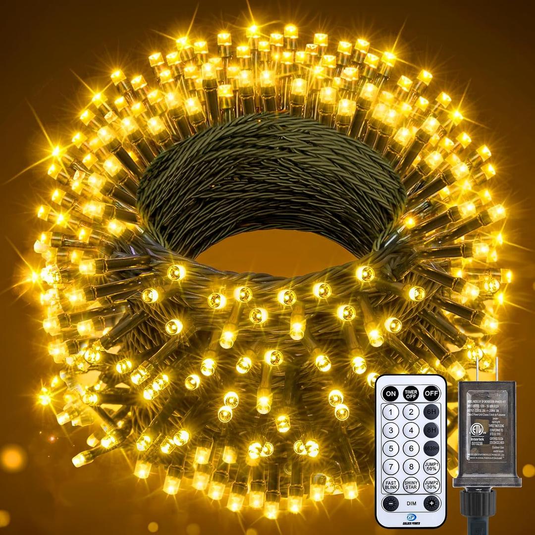 Christmas Tree Lights Outdoor, 205Ft 600 LED Twinkle Fairy Lights String Lights with 8 Light Modes for Christmas LED Garland Wreath Wedding Indoor Holiday Decorations with Dark Green Wire, Warm White