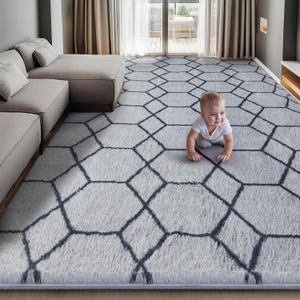 Super Soft Shaggy Area Rug, 8X10 Soft Plush Fluffy Rug for Bedroom Living Room, Modern Moroccan Geometric Carpet for Home Decor Aesthetic, Anti-Skid Carpet for Kids Room, Nursery, Grey and Black