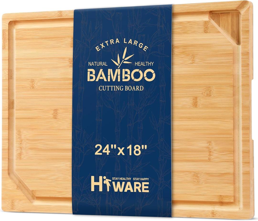 24 x 18 Extra Large Bamboo Serving Boards for Kitchen, Heavy Duty Wood Butcher Block Chopping Board with Handle and Juice Groove for Meat, Large Charcuterie Board, Over the Sink Cutting Board (Natural)