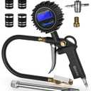 Digital Tire Pressure Gauge with Inflator, T500 Air Compressor Attachments, Heavy Duty Air Chuck with Rubber Hose and Quick Connect Coupler