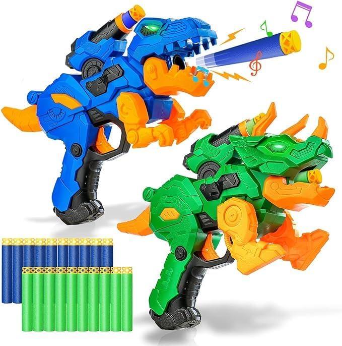 2-Pack Dinosaur Toy Guns Compatible with Nerf, Easter Kids Gifts & Easter Basket Stuffers for Toddler Boys Ages 3 4 5 6 7 8, Dino Toy Guns with Light & Sound, 20 Foam Darts